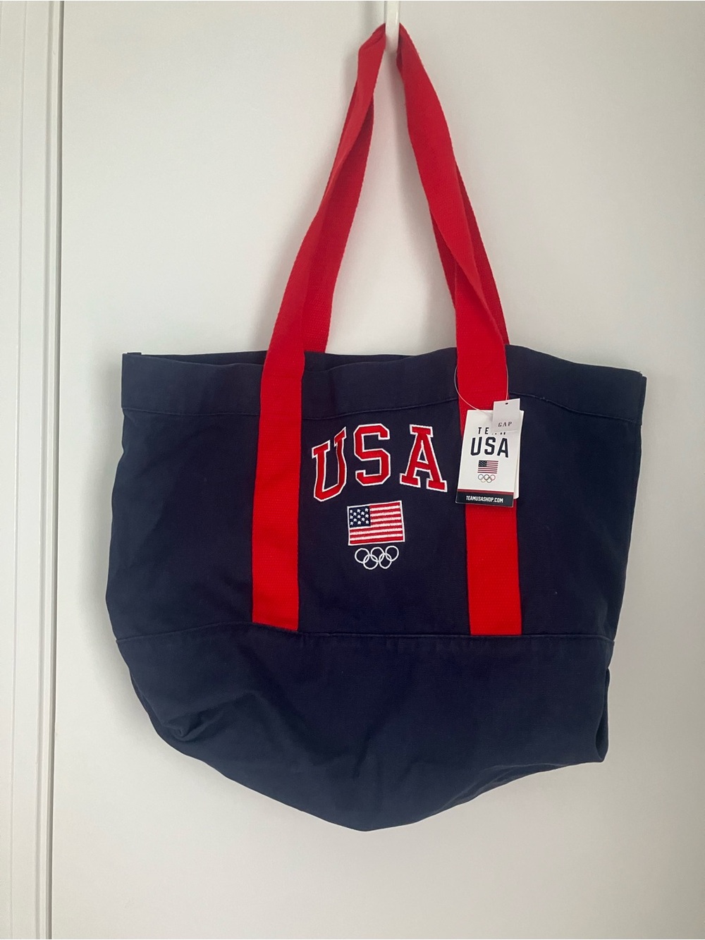 NWT GAP Olympics Navy Tote with Red Handles and USA Embroidery